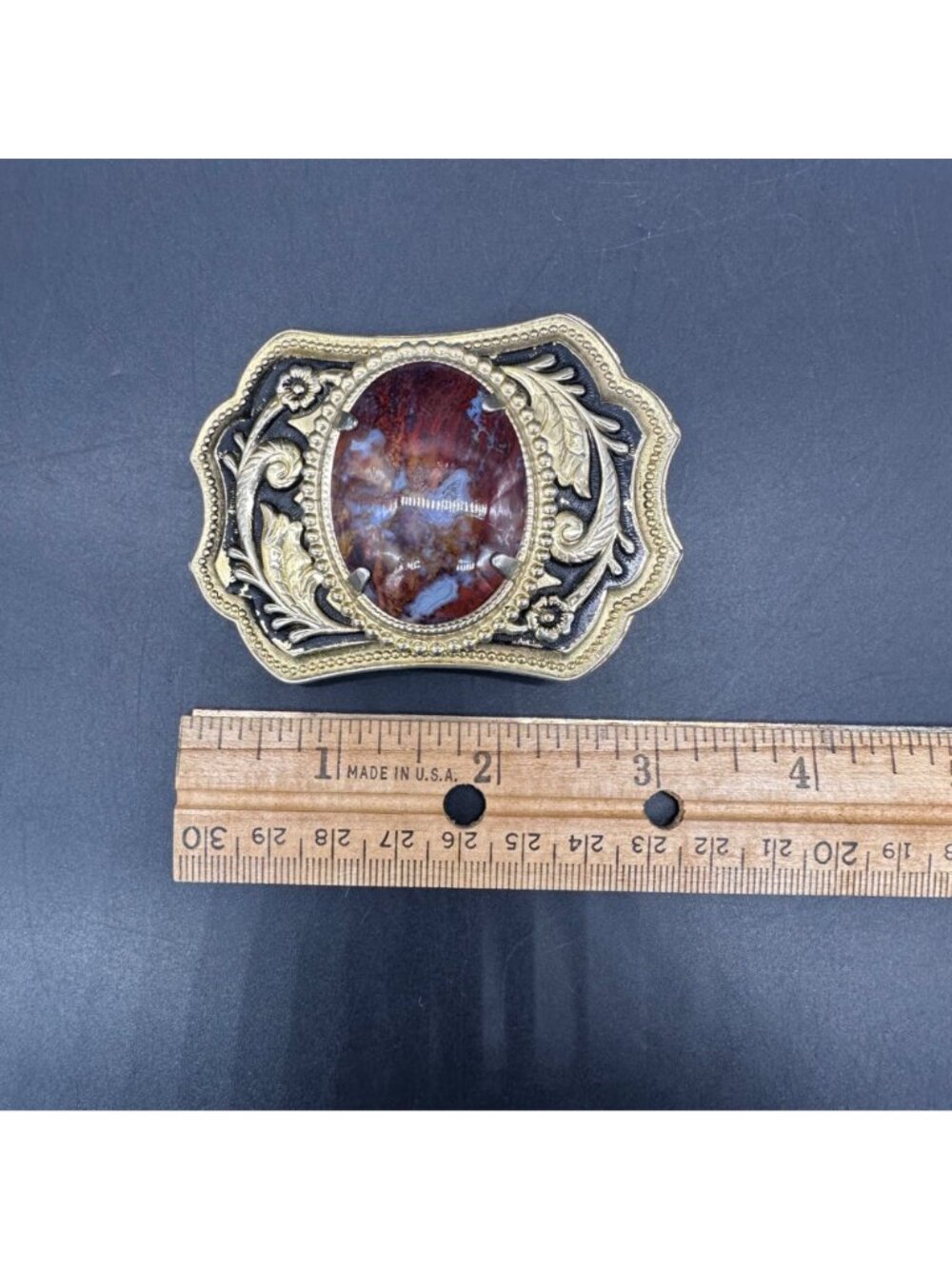 Vintage Western Belt Buckle Agate Stone Gold Tone Floral Rodeo Cowboy Accessory - Picture 9 of 10